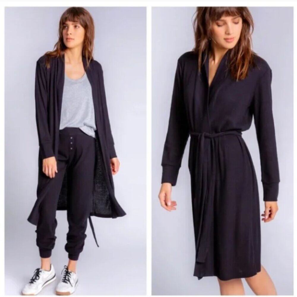 PJ Salvage Textured Essentials Black Ribbed Knit Robe Size Large